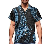 ENLACHIC Herren Casual Polynesian Tribal Tattoo Print Kurzarm Casual Button Down Hawaii-Hemden, American Samoa Polynesian, 3X-Groß