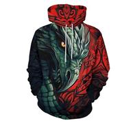 ENLACHIC Herren Kapuzenpullover Wikinger Tattoo 3D Digitaldruck Kapuzenpullover Sweatshirt, Grüner Drachentotem, XXX-Large