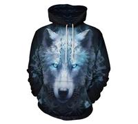 ENLACHIC Herren Wikinger Totem Hoodie 3D Digitaldruck Langarm Pullover Sweatshirt Hoodies, Ice Fire Wolfskopf, XX-Large