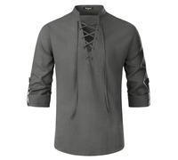 Enlision Freizeithemden für Herren Schlichtes Leinenhemd mit Schnürung aus Baumwolle Herren Mittelalter Renaissancehemd Langarm Grau 2XL