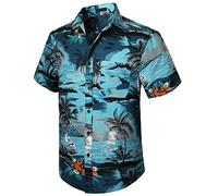 Enlision Hawaii Hemd Männer Sommer Hawaii Hemd Herren Kurzarm Hellblau Hawaiihemd Palmen mit Brusttasche Hawaii Shirt Strandhemd M