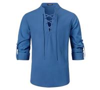 Enlision Herren Piratenhemd Leinen Schnürhemd Mittelalter Retro Hemd für Cosplay Wikinger Hippie Passend Blau XL