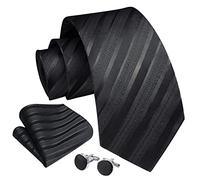 Enlision Herren Schwarz Krawatte Taschentuch Hochzeit Formell Business Gestreifte Krawatten und Einstecktuch Manschettenknöpfe Set