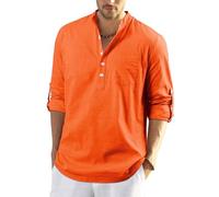 Enlision Leinenhemd Herren Hemd Langarm Orange Sommerhemd Herren Regular Fit Freizeithemd mit Brusttasche Henley Shirt L