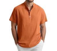 Enlision Leinenhemd Herren Kurzarm Hemd Sommer Baumwolle Leinen Kurzarmhemd Ohne Kragen Stehkragen Kragenloses Kurzärmliges Herrenhemd Freizeithemden Orange Ohne Tasche M