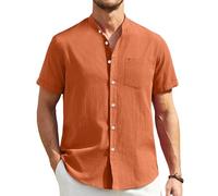 Enlision Leinenhemd Herren Kurzarm Orange Leichtes Sommerhemd Freizeithemden für Herren Musselin Hemd mit Ohne Kragen für Beach Strand am Meer L
