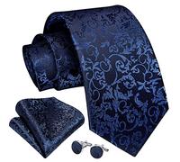 Enlision Marineblau Krawatte Herren Seide Hochzeit Krawatten und Einstecktuch mit Manschettenknöpfe Set Elegant Floral Einfarbig Seidenkrawatte mit Taschentuch Business Party