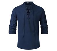 Enlision Mittelalterhemd für Herren lässiges Leinenhemd langärmelig mit Schnürung Piratenhemd Schottisches Jakobiten Ghillie Kilt für Herren Sommerhemd Navy L
