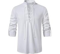 Enlision Piratehemd Herren Mittelalter Renaissance Hemd Herren Sommer Leinen Hemd Herren Viking Kostüm Schnürhemd Herren Weiß M