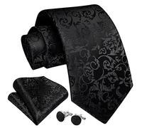 Enlision Schwarz Krawatte Herren Seide Hochzeit Krawatten und Einstecktuch mit Manschettenknöpfe Set Elegant Floral Einfarbig Seidenkrawatte mit Taschentuch Business Party