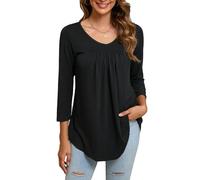 Enmain Damen Tunika Oberteil 3/4 Langarm Übergröße Tunika-Oberteil für Leggings lässig V-Ausschnitt Plissiertes Henley-Shirt einfarbige Bluse Schwarz 2XL