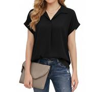 Enmain Schwarz Bluse Damen Sommer V-Ausschnitt Kurzarm Chiffon Oberteile Damen Büro Freizeit Knitterfrei Elegante Sommerbluse mit Kragen und Gerollten Ärmeln XXL