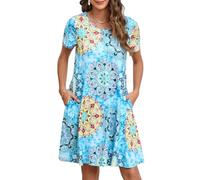 Enmain Sommerkleid für Damen Kurzarm Große Größen Boho Damenkleid mit Taschen Strandkleid Lässige in Knielänge, BlauGelb, XL