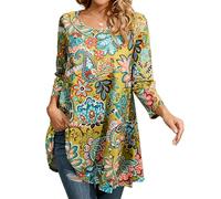 Enmain Tunika Damen Langarm 3/4 Ärmel Tuniken Große Größen Bluse Oberteile Frühling Sommer Herbst Langarmshirt Gelb Paisley Muster Longshirt Damen Lässig für Leggings T-Shirts M