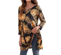 Enmain Tunika Damen Langarm 3/4 Ärmel Tuniken Große Größen Bluse Oberteile Frühling Sommer Herbst Langarmshirt Orange Schwarz Leopardenmuster Longshirt Damen Lässig für Leggings T-Shirts M