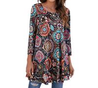Enmain Tunika Damen Langarm Große Größen Lange Oberteile für Frauen Elegant 3/4 Ärmel Longshirt Gemustertes Tuniken Rundhals Tops Bunt T Shirt,Multicolour,5XL