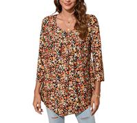 Enmain Tunika-Oberteile für Damen 3/4 Langarm lässig V-Ausschnitt Tuniken Damen Blumen Oberteil lockeres Plissee Oberteil Bluse für Leggings Orange 3XL