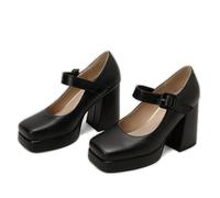 ENWIND Damen Blockabsatz Mary Jane Schuhe Plateau Pumps Mit Schnalle,Schwarz,46 EU