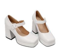 ENWIND Damen Blockabsatz Mary Jane Schuhe Plateau Pumps Mit Schnalle,Weiß,39 EU