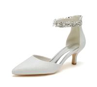 ENWIND Damen Kätzchen Absatz Knöchelriemchen Pumps Spitz Zehen Glitzer Reißverschluss Brautschuhe Kleiner Absatz Strass Hochzeitsschuhe,Elfenbein,38 EU