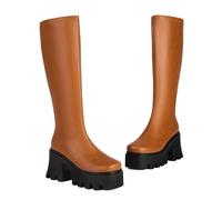 ENWIND Damen Kniehohe Stiefel mit seitlichem Reißverschluss Plateau Stollen Sohle Hohe Reitstiefel Stretchkleid mit runder Zehe Lange Stiefel,Braun,36 EU