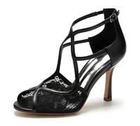 ENWIND Damen Offenem Zehenbereich Sandalen mit Kreuzriemchen und Stiletto-Absatz,Schwarz,43 EU