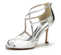 ENWIND Damen Offenem Zehenbereich Sandalen mit Kreuzriemchen und Stiletto-Absatz,Silber,40 EU