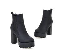ENWIND Damen Plateau Chelsea Stiefel Slip-On Kurzstiefel Gummiband Dicker Absatz Mode Casual Stiefeletten,Schwarz,37 EU