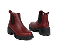 ENWIND Damen Plattform Chelsea Stiefel mit elastischen Slip auf Runde Zehe Mid Block Heel Leder Ankle Booties,Rot,38 EU