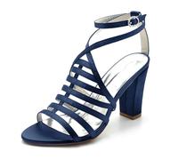 ENWIND Damen Riemchen-Sandalen Mit Blockabsatz Offener Zehenpartie Klobiger Absatz Sommerschuhe,Dark Blue,42 EU