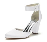 ENWIND Damen Riemchenpumps Blockabsatz Geschlossener Zehen Kleid Schuhe Perfekt für Hochzeiten und Partys,Weiß,42 EU