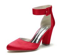 ENWIND Damen Riemchenpumps Blockabsatz Geschlossener Zehen Kleid Schuhe Perfekt für Hochzeiten und Partys,Rot,37 EU