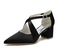 ENWIND Damen Riemchenpumps Mit Kreuz Knöchelriemen Blockabsatz Geschlossener Spitze Zehen Brautschuhe Für Hochzeiten Und Partys,Schwarz,35 EU