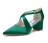 ENWIND Damen Riemchenpumps Mit Kreuz Knöchelriemen Blockabsatz Geschlossener Spitze Zehen Brautschuhe Für Hochzeiten Und Partys,Grün,42 EU