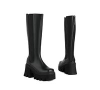 ENWIND Damen Shorts Leder Stiefeletten Heels Epais Motorradstiefel Schwarz Runde Spitze Über Knee Hohe Winterstiefel,Schwarz,38 EU