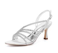 ENWIND Damen Slingback Brautsandalen Mit Kristallriemen Niedrige Kitten Heels Hochzeit Abendkleid Schuhe,Silber,39 EU
