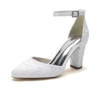 ENWIND Damen Spitze Satin Hochzeitsschuhe Für Braut High Heels Runde Zehen Brautschuhe Blockabsatz Abschlussball Party Kleid Pumps,Weiß,43 EU