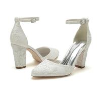 ENWIND Damen Spitze Satin Hochzeitsschuhe Für Braut High Heels Runde Zehen Brautschuhe Blockabsatz Abschlussball Party Kleid Pumps,Elfenbein,36 EU