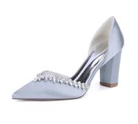 ENWIND Frauen Chunky Heel Pointed Toe Strass Hochzeit Abend Satin Schuhe Für Braut,Silber,39 EU