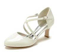 ENWIND Frauen Hochzeit Kätzchen Absatzen Lackleder Kreuz Knöchelriemen Braut Kleid Schuhe,Elfenbein,39 EU