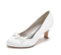ENWIND Frauen Low Kitten Heels Satin Perle Brautschuhe Runde Zehe Slip on Hochzeit Kleid Schuhe Pumps,Weiß,37 EU