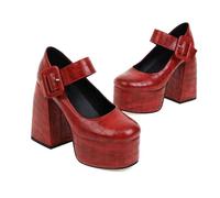ENWIND Frauen Mode Plattform Mary Janes Schuhe Knöchelriemen Chunky Heel Lolita Schuhe Dicker Absatz Süße Pumps,Rot,47 EU