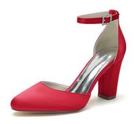 ENWIND Frauen Pumps Geschlossene Zehen Blockabsatz Brautschuhe Hochzeit Kleid Schuhe Mit Strass Schnalle,Rot,40 EU