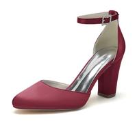 ENWIND Frauen Pumps Geschlossene Zehen Blockabsatz Brautschuhe Hochzeit Kleid Schuhe Mit Strass Schnalle,Burgundy,39 EU