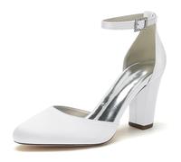 ENWIND Frauen Pumps Geschlossene Zehen Blockabsatz Brautschuhe Hochzeit Kleid Schuhe Mit Strass Schnalle,Weiß,39 EU