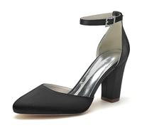 ENWIND Frauen Pumps Geschlossene Zehen Blockabsatz Brautschuhe Hochzeit Kleid Schuhe Mit Strass Schnalle,Schwarz,37 EU