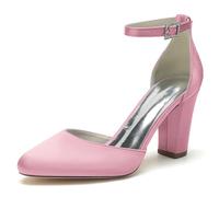 ENWIND Frauen Pumps Geschlossene Zehen Blockabsatz Brautschuhe Hochzeit Kleid Schuhe Mit Strass Schnalle,Rosa,38 EU