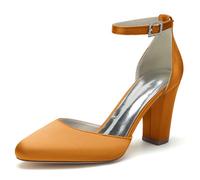 ENWIND Frauen Pumps Geschlossene Zehen Blockabsatz Brautschuhe Hochzeit Kleid Schuhe Mit Strass Schnalle,Orange,42 EU