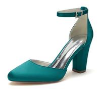 ENWIND Frauen Pumps Geschlossene Zehen Blockabsatz Brautschuhe Hochzeit Kleid Schuhe Mit Strass Schnalle,Teal,42 EU