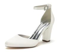 ENWIND Frauen Pumps Geschlossene Zehen Blockabsatz Brautschuhe Hochzeit Kleid Schuhe Mit Strass Schnalle,Elfenbein,37 EU